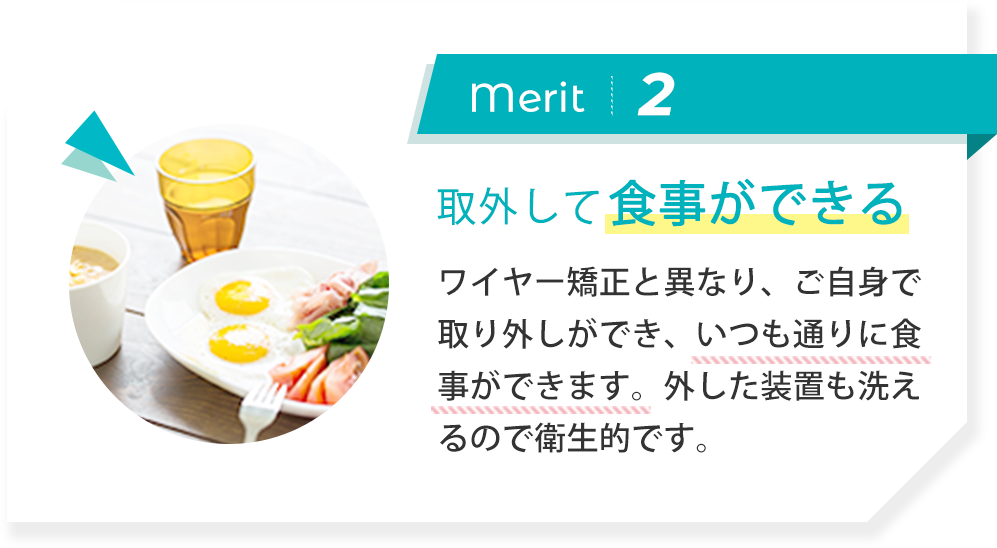 merit2:取外して食事ができる ワイヤー矯正と異なり、ご自身で取り外しができ、いつも通りに食事ができます。外した装置も洗えるので衛生的です。