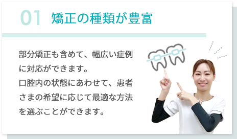 01矯正の種類が豊富 部分矯正も含めて、幅広い症例に対応ができます。口腔内の状態にあわせて、患者さまの希望に応じて最適な方法を選ぶことができます。