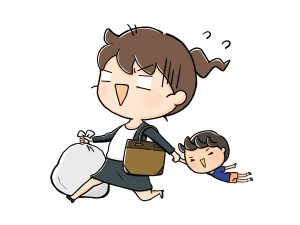 出勤前のお母さんがゴミ出しに出発準備に子どもの登園に慌ただしくしているところ